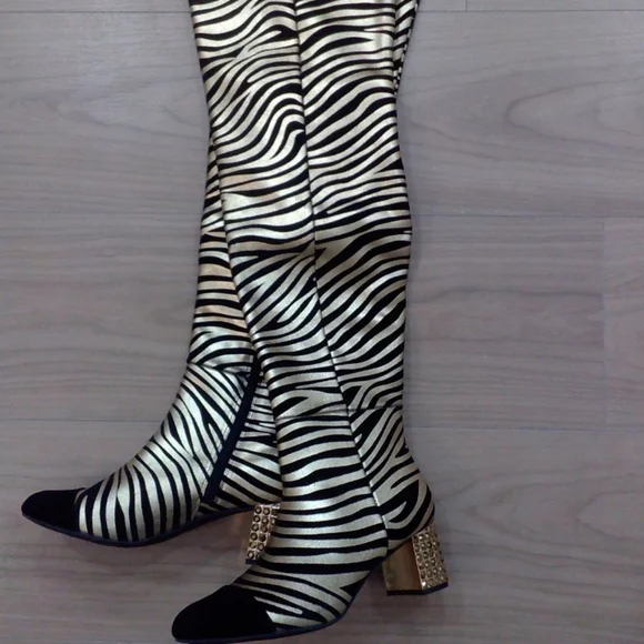 Kurt Geiger Mayfair Over the Knee Metallic Gold Black Zebra Boot 38.5 / 8 - Picture 4 of 7